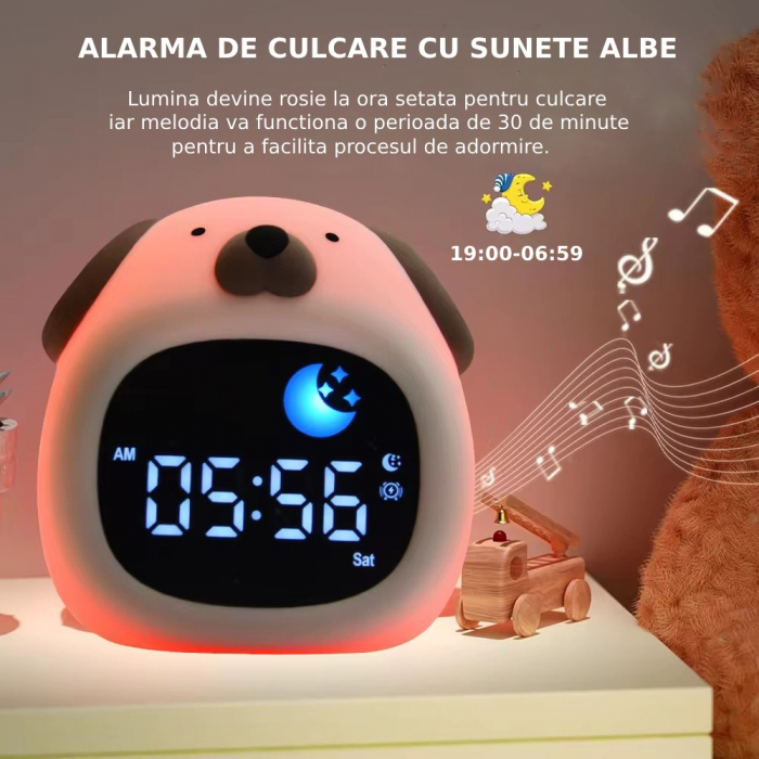Ceas digital inteligent cu alarma pentru copii eGROW® Dog Touch, 8 culori, 6 melodii adormire, Sunete albe, 5 Nivele de volum, 2 Moduri de alarma, Control prin atingere, 5 Nivele ajustare luminozitate [5]