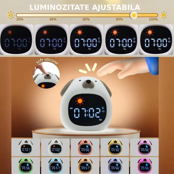 Ceas digital inteligent cu alarma pentru copii eGROW® Dog Touch, 8 culori, 6 melodii adormire, Sunete albe, 5 Nivele de volum, 2 Moduri de alarma, Control prin atingere, 5 Nivele ajustare luminozitate [4]