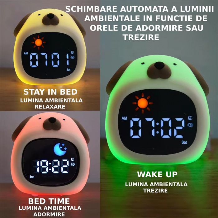 Ceas digital inteligent cu alarma pentru copii eGROW® Dog Touch, 8 culori, 6 melodii adormire, Sunete albe, 5 Nivele de volum, 2 Moduri de alarma, Control prin atingere, 5 Nivele ajustare luminozitate [6]