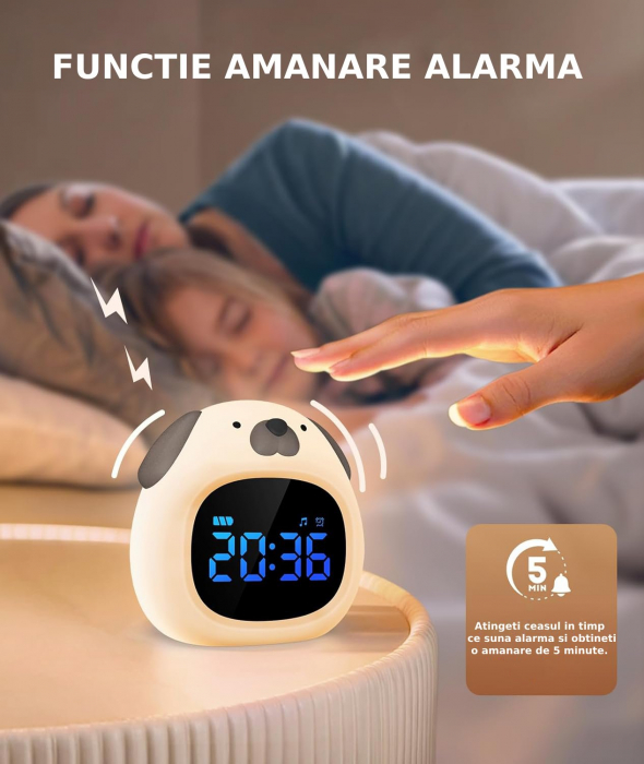 Ceas digital inteligent cu alarma pentru copii eGROW® Dog Touch, 8 culori, 6 melodii adormire, Sunete albe, 5 Nivele de volum, 2 Moduri de alarma, Control prin atingere, 5 Nivele ajustare luminozitate [7]