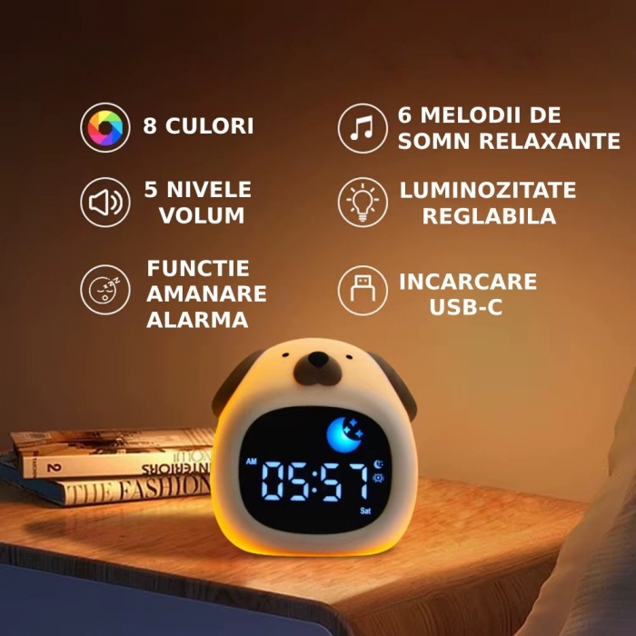 Ceas digital inteligent cu alarma pentru copii eGROW® Dog Touch, 8 culori, 6 melodii adormire, Sunete albe, 5 Nivele de volum, 2 Moduri de alarma, Control prin atingere, 5 Nivele ajustare luminozitate [2]