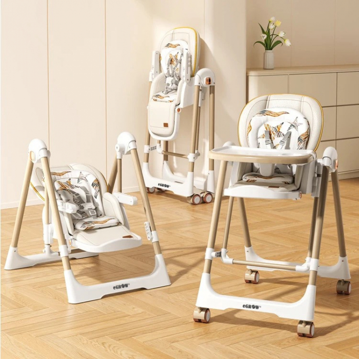 Scaun de Masa 4in1 pentru Bebelusi si Copii eGROW®, Varsta 6-36 luni, Functie leagan, Inaltime Ajustabila, Centura de Siguranta in 5 Puncte, Tavita Reglabila si Detasabila, Roti cu infranare, Crem [2]
