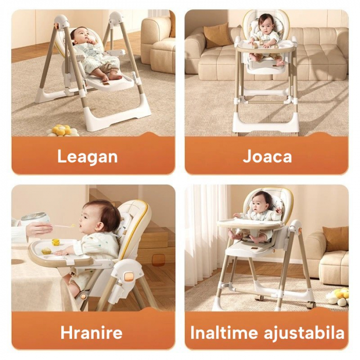 Scaun de Masa 4in1 pentru Bebelusi si Copii eGROW®, Varsta 6-36 luni, Functie leagan, Inaltime Ajustabila, Centura de Siguranta in 5 Puncte, Tavita Reglabila si Detasabila, Roti cu infranare, Crem [7]