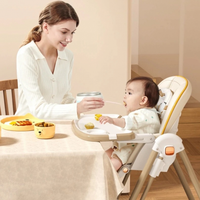 Scaun de Masa 4in1 pentru Bebelusi si Copii eGROW®, Varsta 6-36 luni, Functie leagan, Inaltime Ajustabila, Centura de Siguranta in 5 Puncte, Tavita Reglabila si Detasabila, Roti cu infranare, Crem [5]