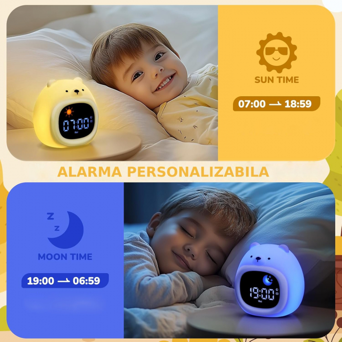 Ceas digital inteligent cu alarma pentru copii eGROW® Bear Touch, 8 culori, 6 melodii adormire, Sunete albe, 5 Nivele de volum, 2 Moduri de alarma, Control prin atingere, 5 Nivele ajustare luminozitat [6]