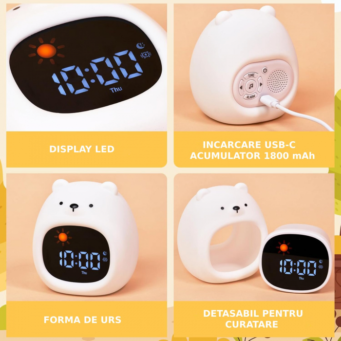 Ceas digital inteligent cu alarma pentru copii eGROW® Bear Touch, 8 culori, 6 melodii adormire, Sunete albe, 5 Nivele de volum, 2 Moduri de alarma, Control prin atingere, 5 Nivele ajustare luminozitat [9]