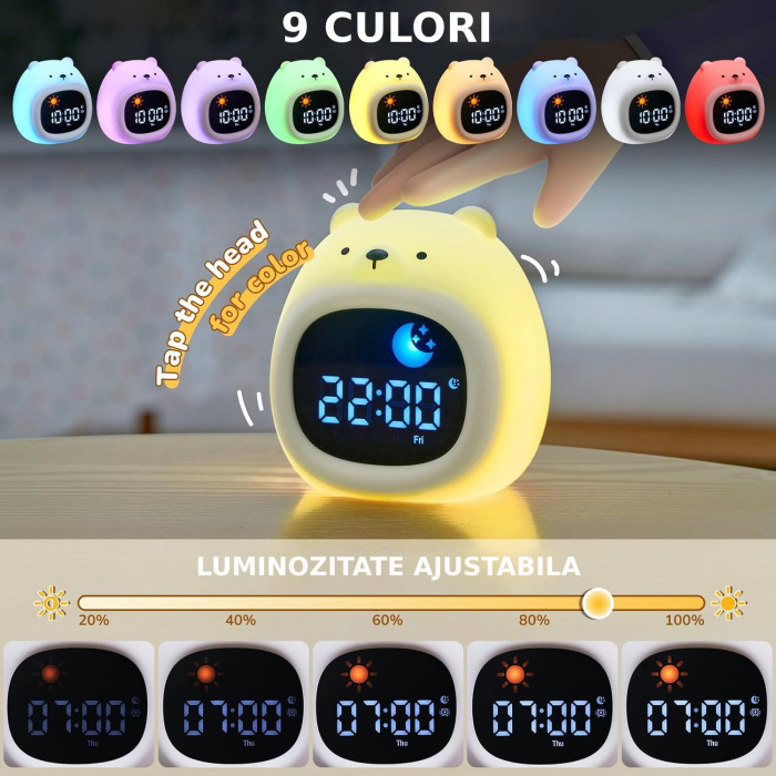 Ceas digital inteligent cu alarma pentru copii eGROW® Bear Touch, 8 culori, 6 melodii adormire, Sunete albe, 5 Nivele de volum, 2 Moduri de alarma, Control prin atingere, 5 Nivele ajustare luminozitat [4]