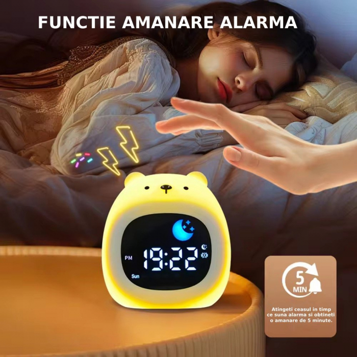 Ceas digital inteligent cu alarma pentru copii eGROW® Bear Touch, 8 culori, 6 melodii adormire, Sunete albe, 5 Nivele de volum, 2 Moduri de alarma, Control prin atingere, 5 Nivele ajustare luminozitat [7]