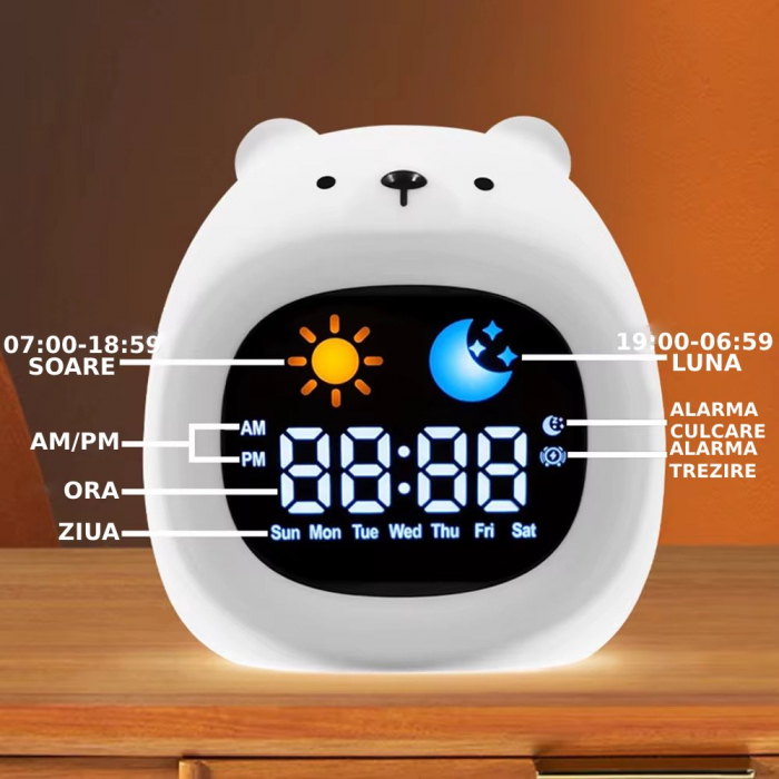 Ceas digital inteligent cu alarma pentru copii eGROW® Bear Touch, 8 culori, 6 melodii adormire, Sunete albe, 5 Nivele de volum, 2 Moduri de alarma, Control prin atingere, 5 Nivele ajustare luminozitat [3]