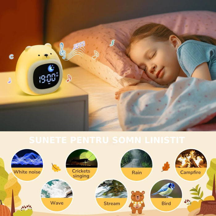 Ceas digital inteligent cu alarma pentru copii eGROW® Bear Touch, 8 culori, 6 melodii adormire, Sunete albe, 5 Nivele de volum, 2 Moduri de alarma, Control prin atingere, 5 Nivele ajustare luminozitat [5]