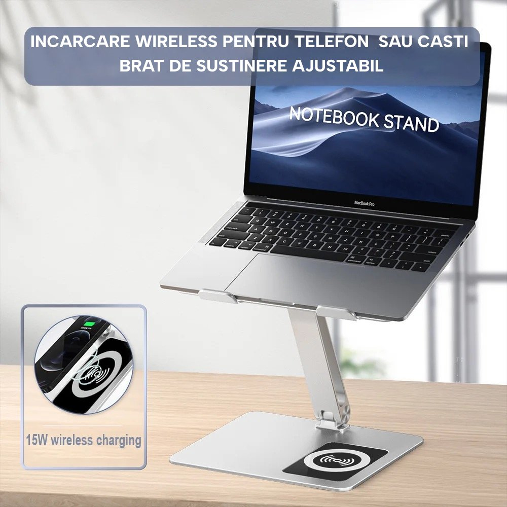Suport laptop ergonomic eGROW® C5, incarcare wireless 15W, baza rotativa 360°, pliabil, din aluminiu si silicon, non alunecos, compatibil cu toate laptopurile 10-17'' [2]