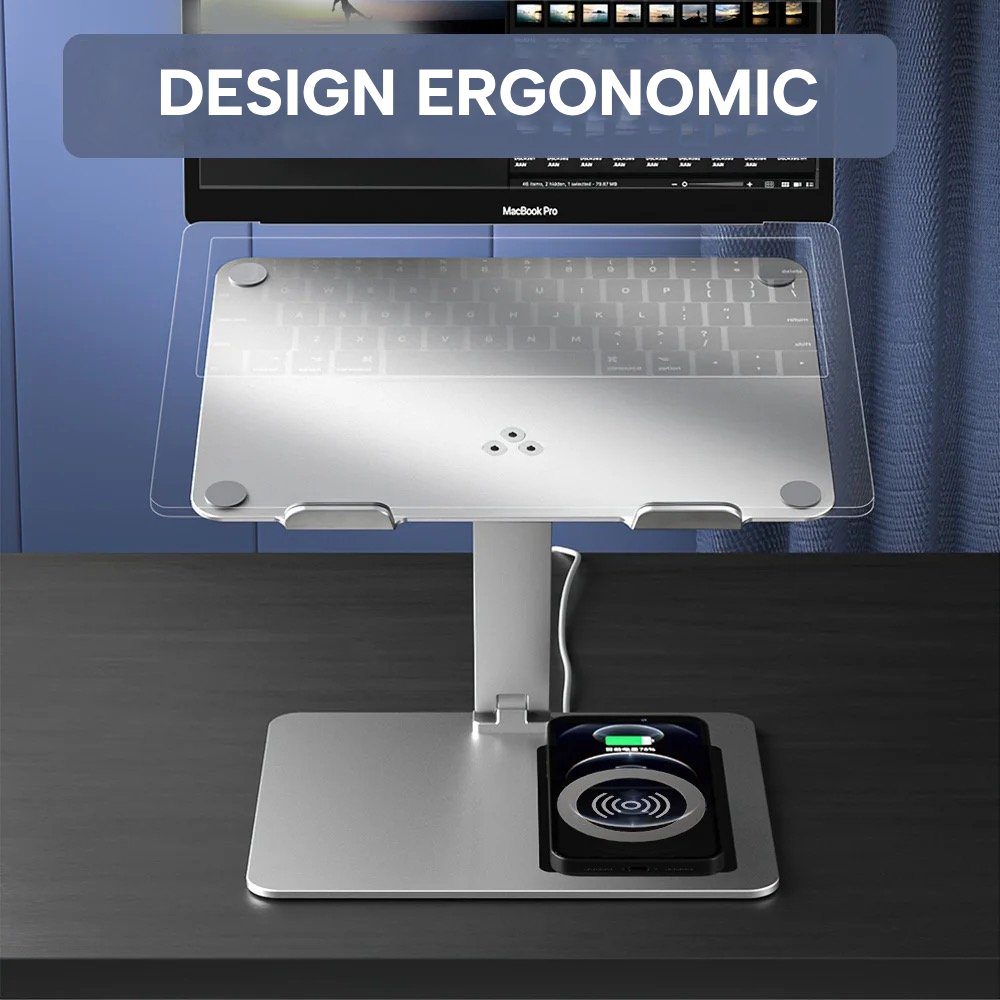 Suport laptop ergonomic eGROW® C5, incarcare wireless 15W, baza rotativa 360°, pliabil, din aluminiu si silicon, non alunecos, compatibil cu toate laptopurile 10-17'' [4]