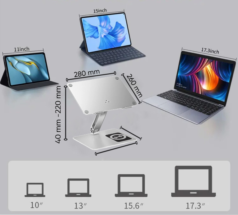 Suport laptop ergonomic eGROW® C5, incarcare wireless 15W, baza rotativa 360°, pliabil, din aluminiu si silicon, non alunecos, compatibil cu toate laptopurile 10-17'' [7]