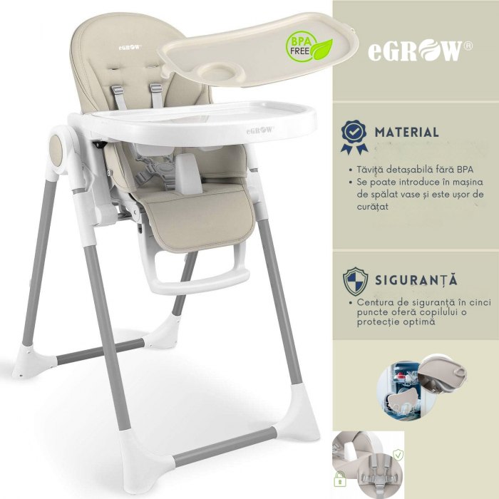 Scaun de masa bebe multifunctional eGROW® PRIME, pliabil, inaltime reglabila, spatar si suport picioare reglabile, pozitie de somn, centura de siguranta, tavita reglabila si detasabila, Crem [7]