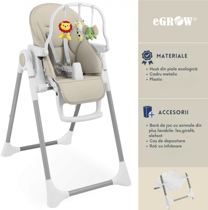 Scaun de masa bebe multifunctional eGROW® PRIME, pliabil, inaltime reglabila, spatar si suport picioare reglabile, pozitie de somn, centura de siguranta, tavita reglabila si detasabila, Crem [6]