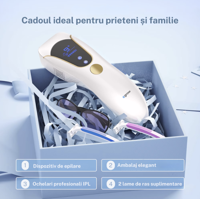 Epilator IPL eGROW® PRO SOFT SKIN, Pentru epilare definitiva fara durere, Tehnologie IPL, 9 Trepte de intensitate, 999.999 impulsuri, 3 Moduri de utilizare, Pentru femei si barbati, fata, corp, axila, [10]