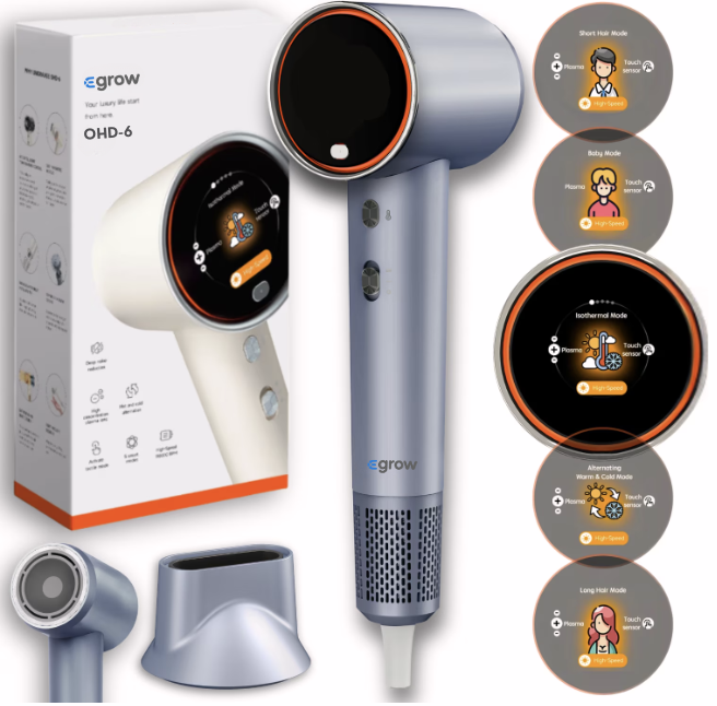 Uscator de Par Profesional eGROW® Uniorange H6, Ecran LCD, Anti-Electrizare, 5 Moduri de Uscare, 3 Trepte Temperatura, 2 Viteze, 110000 RPM, Tehnologie cu Plasma, Ioni Negativi Feon, Pornire/Oprire Au [1]