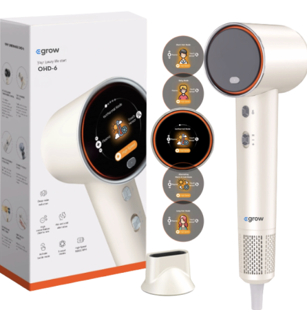 Uscatoare de par - Uscator de Par Profesional eGROW® Uniorange H6, Ecran LCD, Anti-Electrizare, 5 Moduri de Uscare, 3 Trepte Temperatura, 2 Viteze, 110000 RPM, Tehnologie cu Plasma, Ioni Negativi Feon, Pornire/Oprire Au