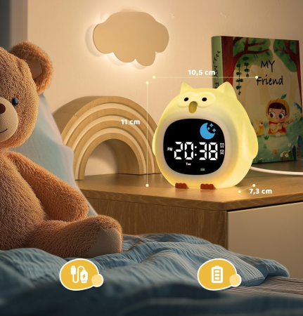 Ceas digital inteligent cu alarma pentru copii eGROW® Owl Touch, 8 culori, 6 melodii adormire, Sunete albe, 5 Nivele de volum, 2 Moduri de alarma, Control prin atingere, 5 Nivele ajustare luminozitate [9]