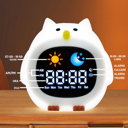 Ceas digital inteligent cu alarma pentru copii eGROW® Owl Touch, 8 culori, 6 melodii adormire, Sunete albe, 5 Nivele de volum, 2 Moduri de alarma, Control prin atingere, 5 Nivele ajustare luminozitate [1]