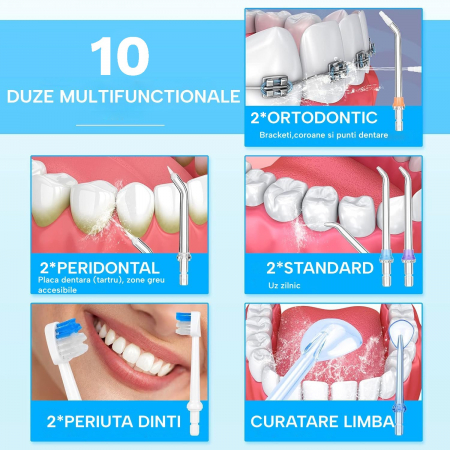 Irigator Oral Profesional pentru Dus Bucal H2ofloss® Premium, 10 duze, 5 trepte de presiune, Baterie 2500mAh, Gravity Ball, 1200 pulsatii/minut, Protectie supraincalzire, Rezistenta la apa IPX7, Alb [4]