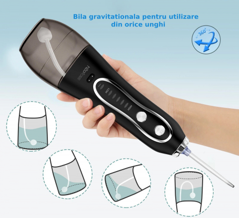 Irigator Oral Profesional pentru Dus Bucal H2ofloss® Premium, 10 duze, 5 trepte de presiune, Baterie 2500mAh, Gravity Ball, 1200 pulsatii/minut, Protectie supraincalzire, Rezistenta la apa IPX7, Negru [4]