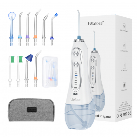 Irigatoare Bucale - Irigator Oral Profesional pentru Dus Bucal H2ofloss® Premium, 10 duze, 5 trepte de presiune, Baterie 2500mAh, Gravity Ball, 1200 pulsatii/minut, Protectie supraincalzire, Rezistenta la apa IPX7, Alb
