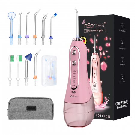 Irigatoare Bucale - Irigator Oral Profesional pentru Dus Bucal H2ofloss® Premium, 10 duze, 5 trepte de presiune, Baterie 2500mAh, Gravity Ball, 1200 pulsatii/minut, Protectie supraincalzire, Rezistenta la apa IPX7, Geant