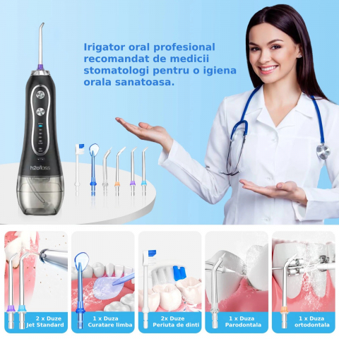 Irigator Oral Profesional pentru Dus Bucal H2ofloss® Premium, 10 duze, 5 trepte de presiune, Baterie 2500mAh, Gravity Ball, 1200 pulsatii/minut, Protectie supraincalzire, Rezistenta la apa IPX7, Negru [1]