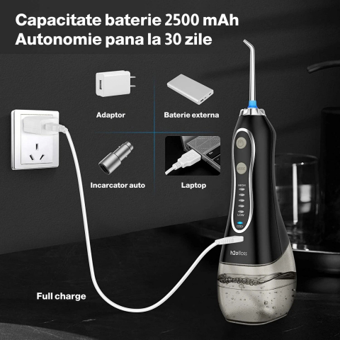 Irigator Oral Profesional pentru Dus Bucal H2ofloss® Premium, 10 duze, 5 trepte de presiune, Baterie 2500mAh, Gravity Ball, 1200 pulsatii/minut, Protectie supraincalzire, Rezistenta la apa IPX7, Negru [6]
