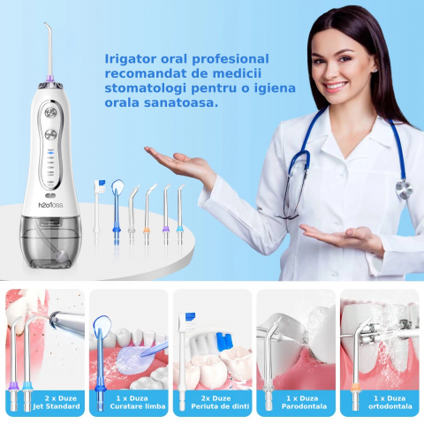 Irigator Oral Profesional pentru Dus Bucal H2ofloss® Premium, 10 duze, 5 trepte de presiune, Baterie 2500mAh, Gravity Ball, 1200 pulsatii/minut, Protectie supraincalzire, Rezistenta la apa IPX7, Alb [1]
