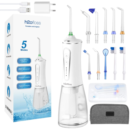 Irigator Oral Profesional pentru Dus Bucal H2ofloss® Premium, Cablu USB-C pentru incarcare, Rezistenta la apa IPX7, Protectie supraincalzire, 300 ml, 5 trepte de presiune, 2500 mAh, Adaptor, Geanta tr