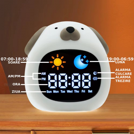 Ceas digital inteligent cu alarma pentru copii eGROW® Dog Touch, 8 culori, 6 melodii adormire, Sunete albe, 5 Nivele de volum, 2 Moduri de alarma, Control prin atingere, 5 Nivele ajustare luminozitate [2]