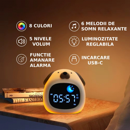 Ceas digital inteligent cu alarma pentru copii eGROW® Dog Touch, 8 culori, 6 melodii adormire, Sunete albe, 5 Nivele de volum, 2 Moduri de alarma, Control prin atingere, 5 Nivele ajustare luminozitate [1]