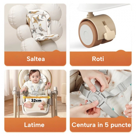 Scaun de Masa 4in1 pentru Bebelusi si Copii eGROW®, Varsta 6-36 luni, Functie leagan, Inaltime Ajustabila, Centura de Siguranta in 5 Puncte, Tavita Reglabila si Detasabila, Roti cu infranare, Crem [7]