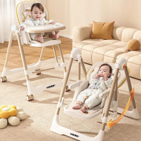 Scaun de Masa 4in1 pentru Bebelusi si Copii eGROW®, Varsta 6-36 luni, Functie leagan, Inaltime Ajustabila, Centura de Siguranta in 5 Puncte, Tavita Reglabila si Detasabila, Roti cu infranare, Crem [2]