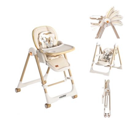 Scaune de masa pentru copii si bebelusi - Scaun de Masa 4in1 pentru Bebelusi si Copii eGROW®, Varsta 6-36 luni, Functie leagan, Inaltime Ajustabila, Centura de Siguranta in 5 Puncte, Tavita Reglabila si Detasabila, Roti cu infranare, Crem