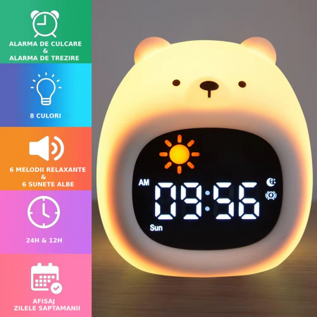 Ceas digital inteligent cu alarma pentru copii eGROW® Bear Touch, 8 culori, 6 melodii adormire, Sunete albe, 5 Nivele de volum, 2 Moduri de alarma, Control prin atingere, 5 Nivele ajustare luminozitat [1]