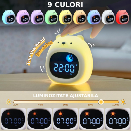 Ceas digital inteligent cu alarma pentru copii eGROW® Bear Touch, 8 culori, 6 melodii adormire, Sunete albe, 5 Nivele de volum, 2 Moduri de alarma, Control prin atingere, 5 Nivele ajustare luminozitat [3]
