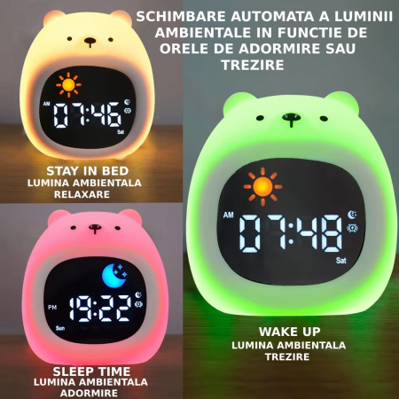 Ceas digital inteligent cu alarma pentru copii eGROW® Bear Touch, 8 culori, 6 melodii adormire, Sunete albe, 5 Nivele de volum, 2 Moduri de alarma, Control prin atingere, 5 Nivele ajustare luminozitat [7]