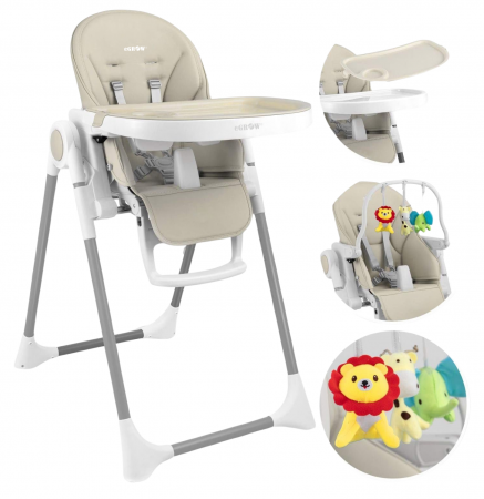 Scaune de masa pentru copii si bebelusi - Scaun de Masa 3in1 pentru Bebelusi si Copii eGROW® PRIME, pliabil, inaltime reglabila, spatar si suport picioare reglabile, pozitie de somn, centura siguranta, tavita reglabila si detasabila, Crem