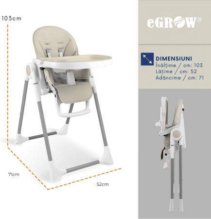 Scaun de Masa 3in1 pentru Bebelusi si Copii eGROW® PRIME, pliabil, inaltime reglabila, spatar si suport picioare reglabile, pozitie de somn, centura siguranta, tavita reglabila si detasabila, Crem [9]