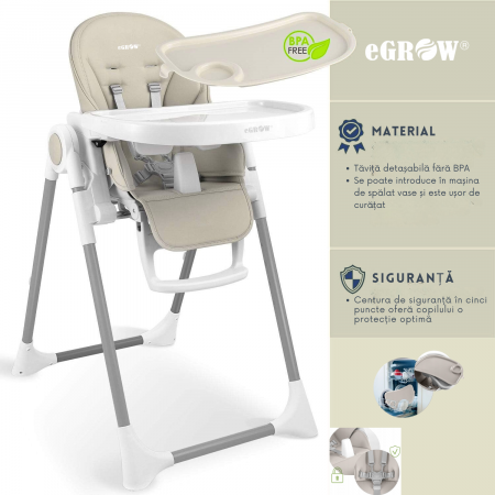 Scaun de Masa 3in1 pentru Bebelusi si Copii eGROW® PRIME, pliabil, inaltime reglabila, spatar si suport picioare reglabile, pozitie de somn, centura siguranta, tavita reglabila si detasabila, Crem [6]