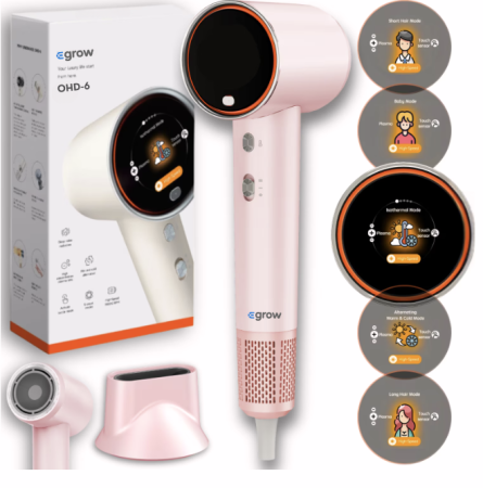Uscatoare de par - Uscator de Par Profesional eGROW® Uniorange H6, Ecran LCD, Anti-Electrizare, 5 Moduri de Uscare, 3 Trepte Temperatura, 2 Viteze, 110000 RPM, Tehnologie cu Plasma, Ioni Negativi Feon, Pornire/Oprire,Ro