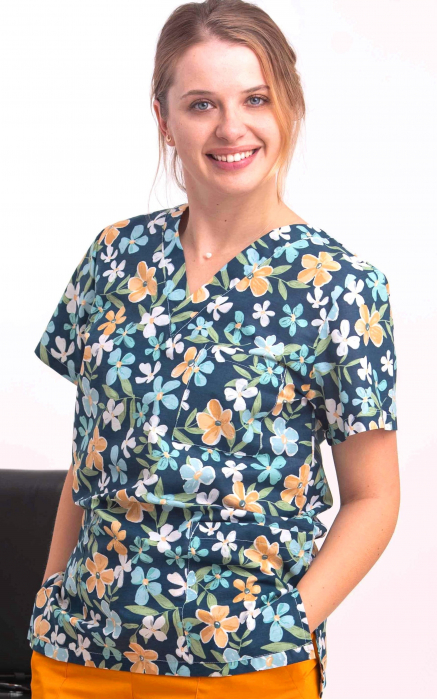 Bluza Bumbac Flori Bleu Si Albe Fond Albastru [3]