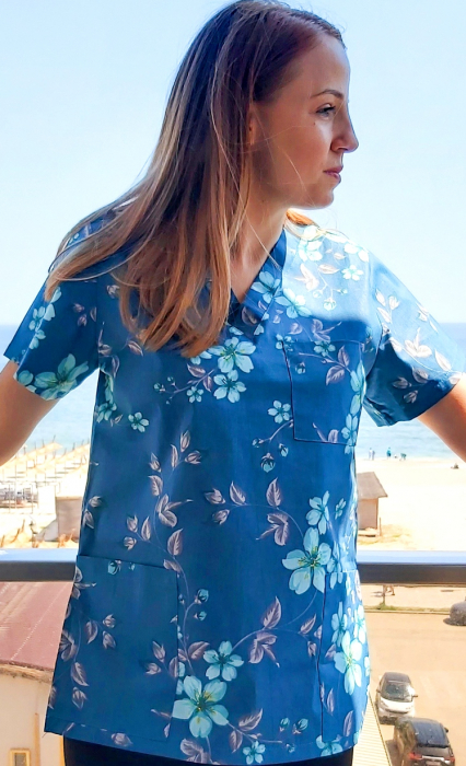 Bluza Bumbac Flori Turquoise Fond Albastru Marin [4]