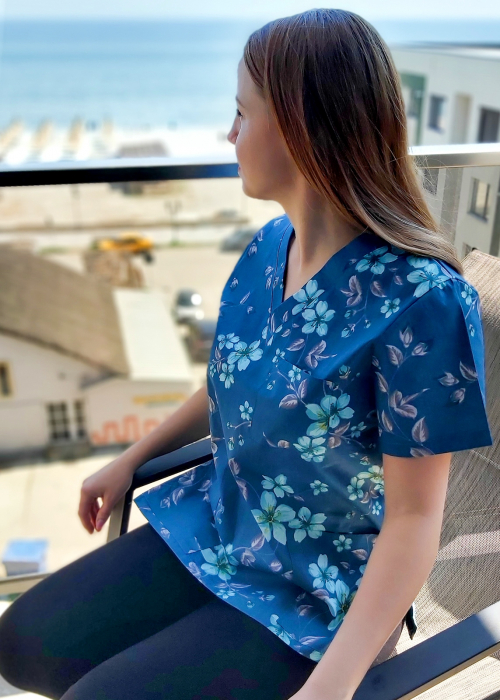 Bluza Bumbac Flori Turquoise Fond Albastru Marin [2]