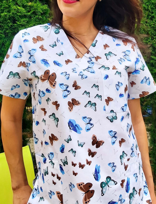 Bluza Bumbac Fluturasi Albastri Fond Alb [4]