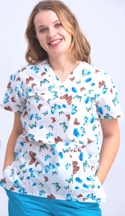 Bluza Bumbac Fluturasi Albastri Fond Alb [2]