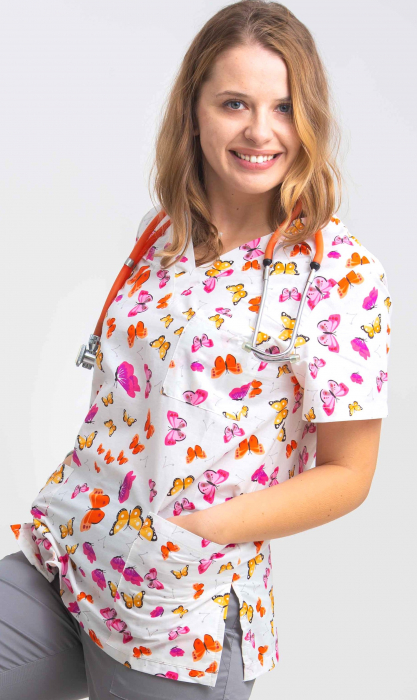 Bluza Bumbac Fluturasi Portocalii Fond Alb [2]